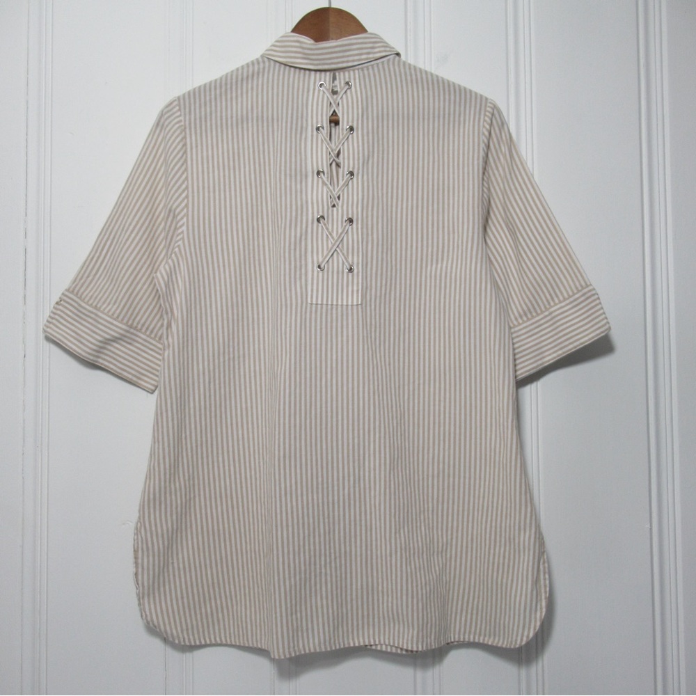Chico's Beige Striped Button Down Shirt with Lace Up Detail Neutral Size Medium